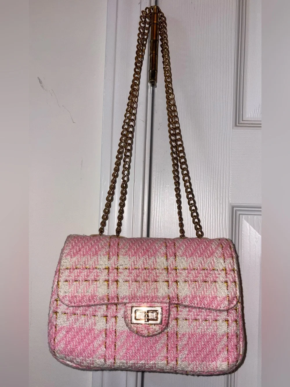 Pink and white tweed mini two Way Crossbody handbag